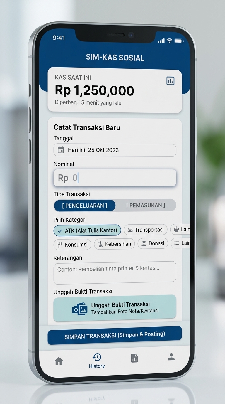 Tangkapan layar sistem SIM-KAS SOSIAL menampilkan antarmuka pencatatan arus kas dan rekonsiliasi nota transaksi kas BEM