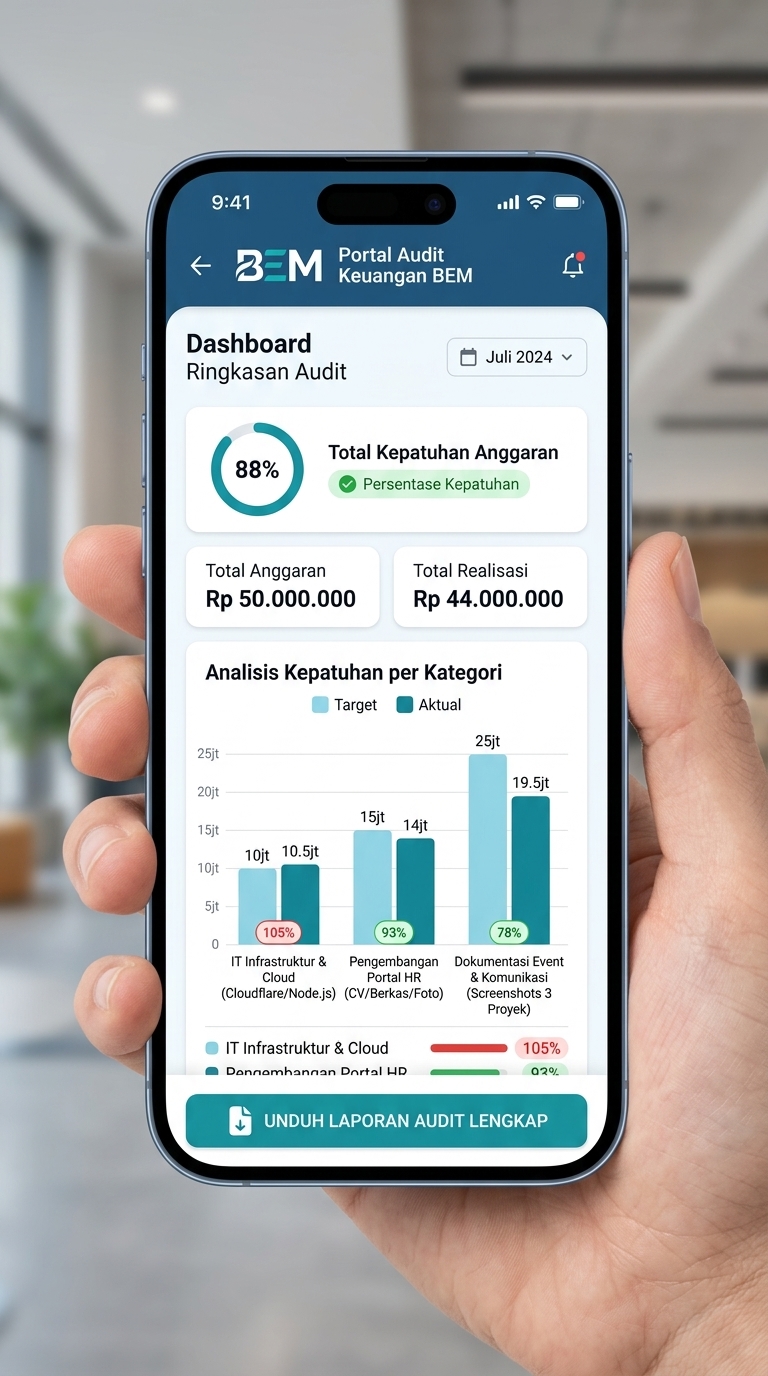 Tangkapan layar Portal Audit Keuangan Organisasi menampilkan dashboard komparasi RKA vs realisasi aktual dan persentase kepatuhan belanja